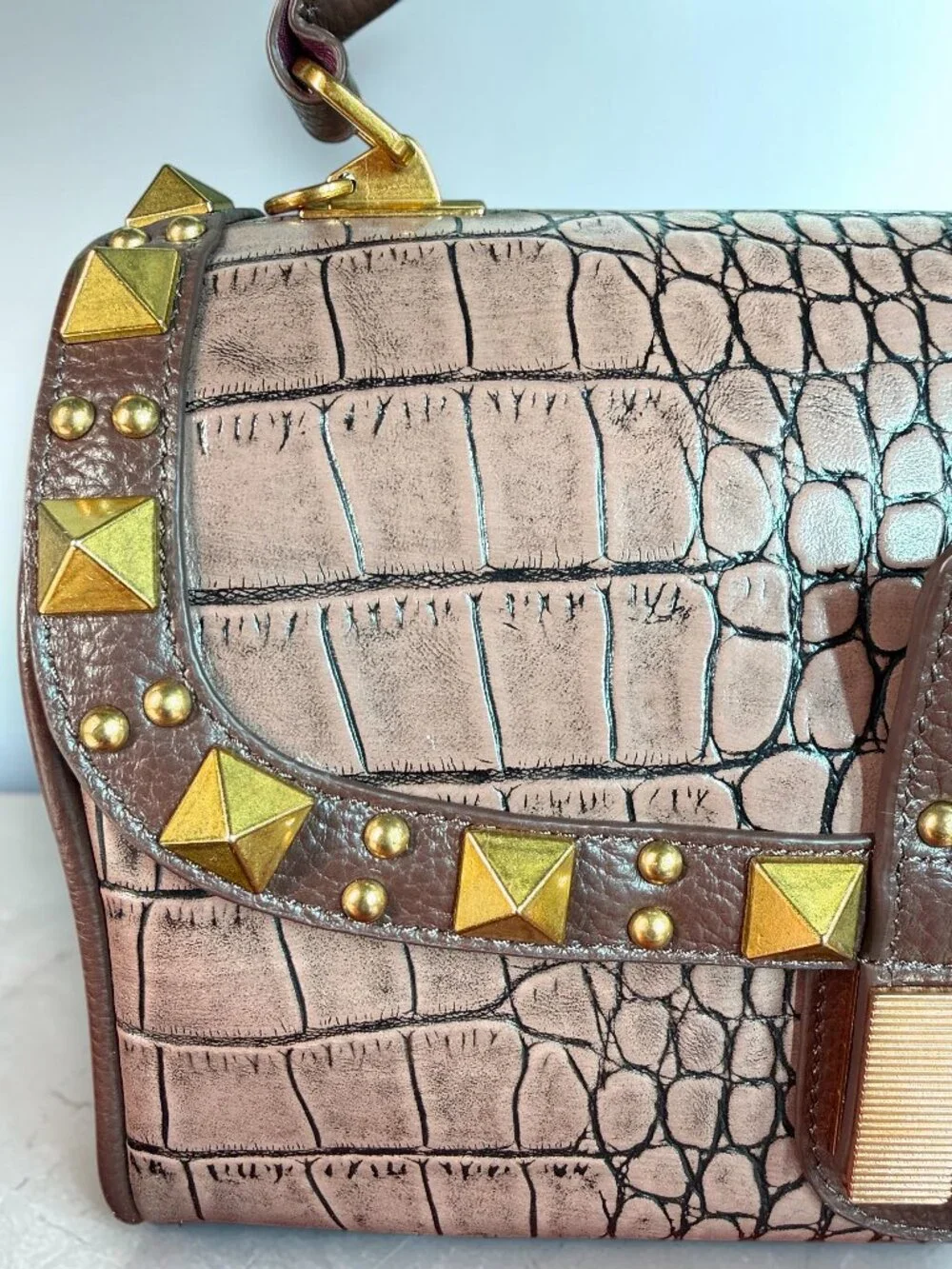 Sharif 1827 Croc-Embossed Leather Studded Top Handle Satchel Sample Bag - New